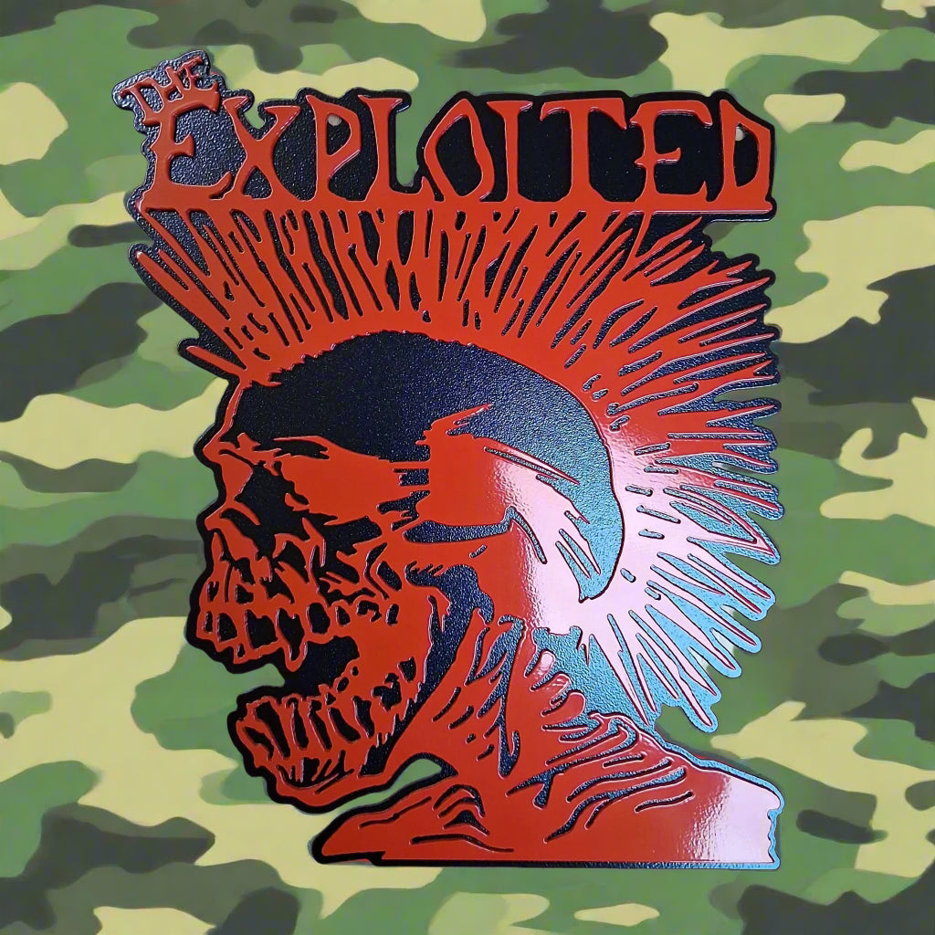 The Exploited - Mohawk  Skull - Black on Red backing - Metal Wall Art