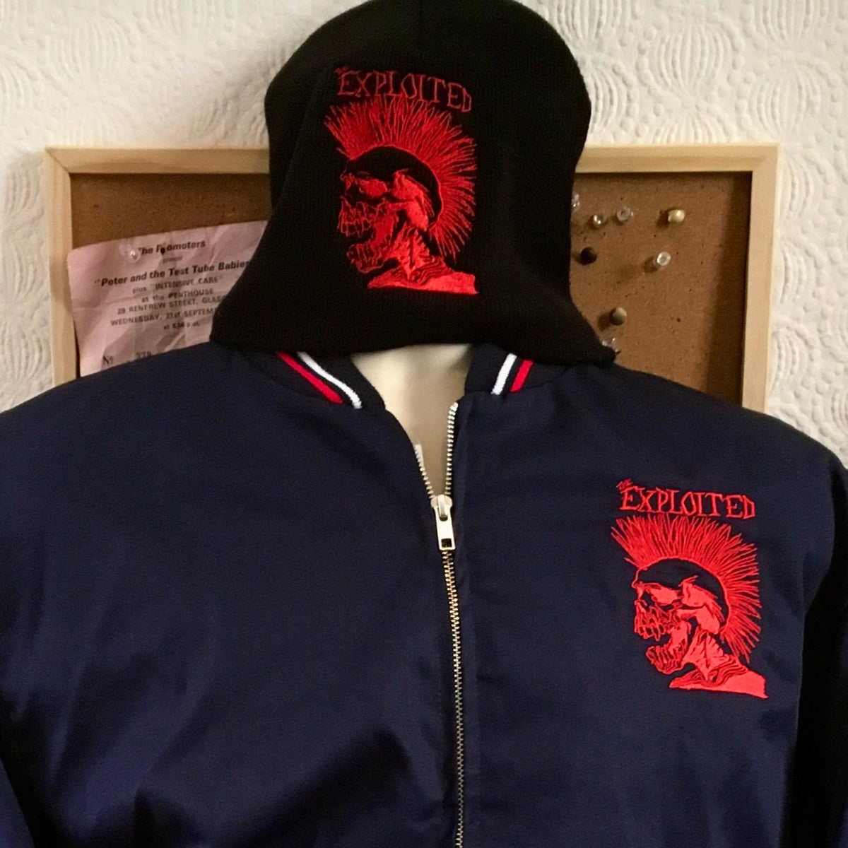 The Exploited - Navy Monkey Jacket with Red Embroidered Skull Logo ...